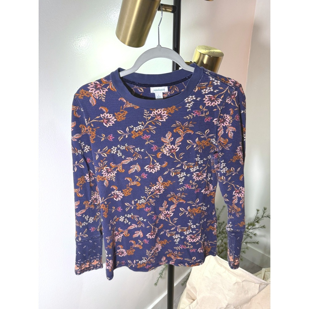 Sundance thermal floral blue waffle crewneck cozy fall layer cool weather LG euc